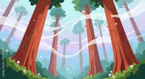 Whimsical illustration of giant redwood trees with sparkling lights in a mystical forest landscape