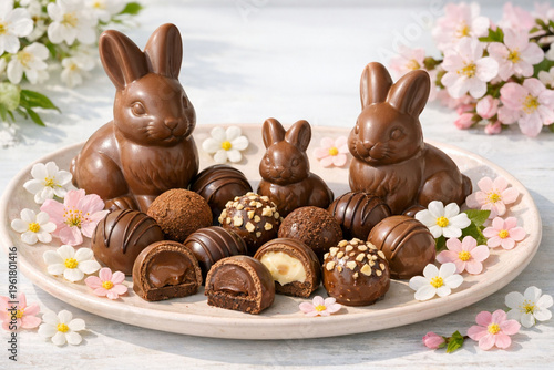 Premium Milk Chocolate Easter Bunnies and Gourmet Truffles on Pastel Platter
