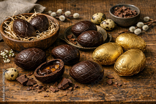 Artisanal Dark Chocolate Easter Eggs on Rustic Oak Table