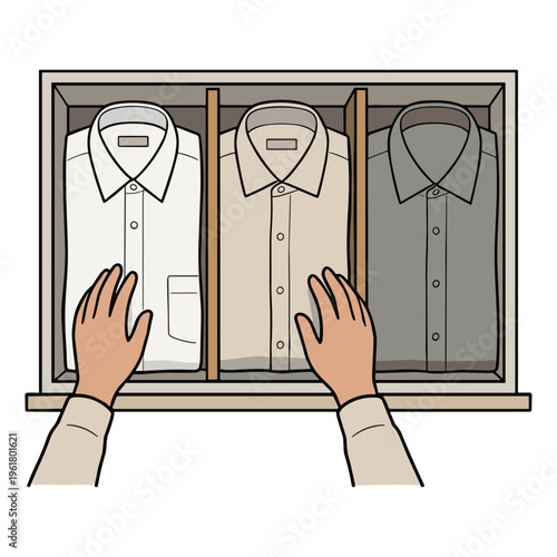 A person is selecting shirts from a closet drawer with white, beige, and gray shirts.