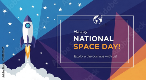Rocket ship blasting off into starry night sky for national space day celebration with cosmos exploration theme