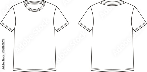 Blank T Shirt Front and Back View Outline Template Clothing Mockup Line Art Apparel Design Vector Illustration