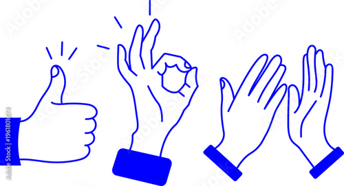 Hand Gesture Line Art Set Thumbs Up OK Sign and Applause Clapping Hands Minimal Outline Vector Illustration