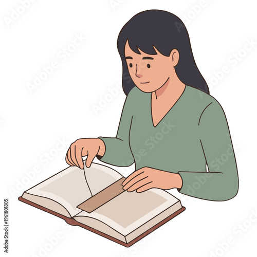 A woman reads an open book with a ruler in her hand indoors.