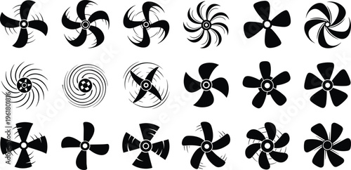 Collection of rotating fan blade silhouettes, featuring electric ventilator icons, industrial propellers, turbine impellers, cooler exhaust systems, and wind power symbols for engineering