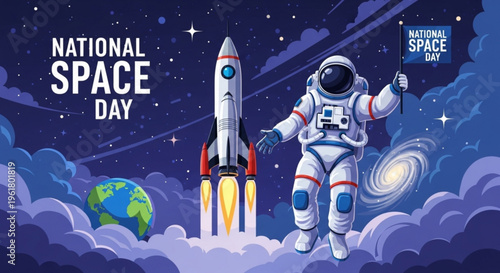 Astronaut in space suit launches rocket on national space day with earth and stars