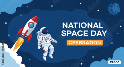 Astronaut in space suit floating next to rocket on national space day celebration background with stars and planets