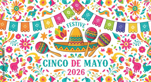 Vibrant cinco de mayo celebration background with sombrero maracas and colorful flowers for party decorations
