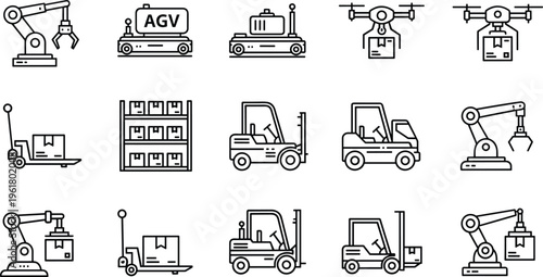 Logistics and warehouse automation icon set, featuring robotic arms, forklifts, delivery drones, automated guided vehicles, pallet jacks, and industrial shelving for smart distribution