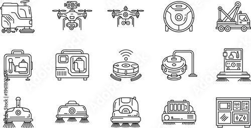 Set of cleaning robot and drone line icons, featuring automatic vacuum cleaners, industrial floor scrubbers, surveillance drones, and smart household appliances for maintenance