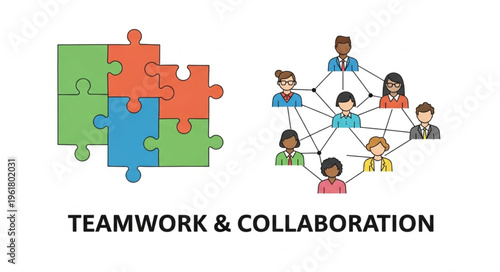 Teamwork and Collaboration - Jigsaw Puzzle Pieces and Interconnected Network of People.