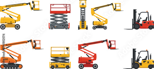 Set of industrial lifting equipment featuring scissor lifts, boom lifts, aerial work platforms, and forklifts for construction maintenance and warehouse material handling operations