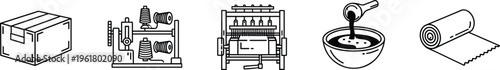 Textile manufacturing and fabric production line icons, featuring spinning wheels, weaving looms, industrial dyeing process, fabric rolls, and cardboard shipping boxes for garment industries