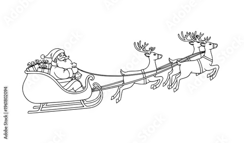 Santa sleigh reindeer outline coloring page cute Christmas cartoon vector illustration