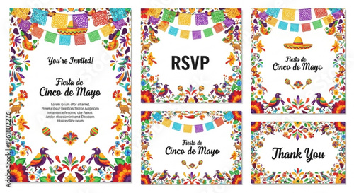 Vibrant cinco de mayo party invitations and cards with colorful decorations and text