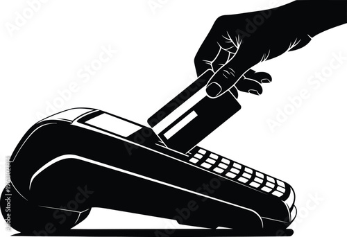 Hand Inserting Credit Card into Payment Terminal on White Background