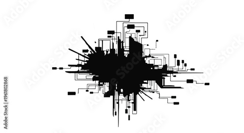 black ink splatter with circuit board lines abstract design element