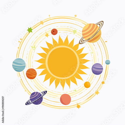 Vibrant celestial system illustration featuring the sun and its orbiting planets, depicting cosmic harmony and astronomical wonder