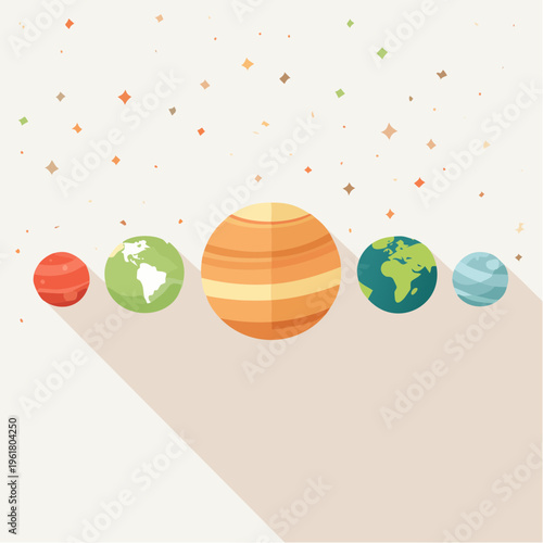 Planets and stars in flat design with long shadows, perfect for educational and creative projects