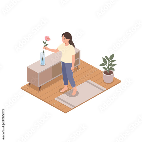 Woman placing flower on table in living room with plants