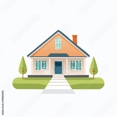 Charming detached house with a pathway leading to the front door, surrounded by greenery