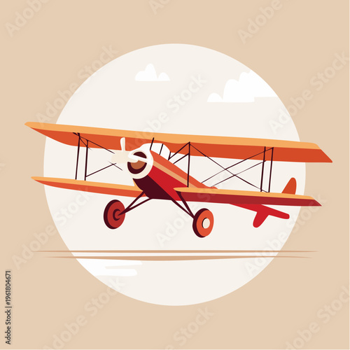 A vintage biplane with an orange frame flies in the sky