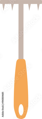 Orange handled hand rake vector illustration with metal tines, ideal for gardening, soil loosening, weeding, and landscaping design projects.