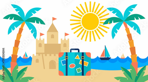 A summer vacation scene with a suitcase sandcastle palm trees and sailboat on a sunny beach