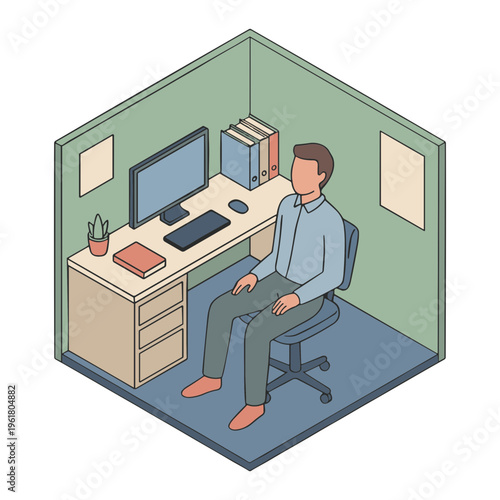 Man sitting at desk with computer and books in small office cubicle indoors
