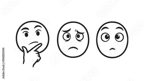 Three emoticon faces showing confusion, anger, and sadness on white background for emotions and feelings concepts