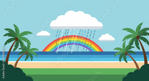 A vibrant rainbow appears in the summer sky over a tropical beach with palm trees and rain showers.