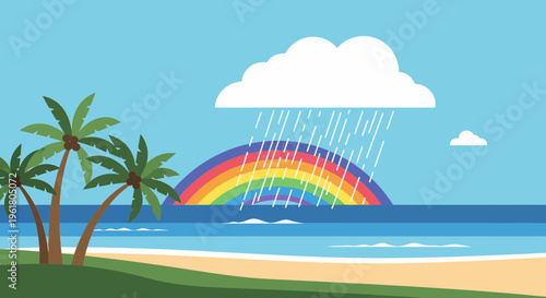 Rainbow appears over palm trees on a summer beach with ocean waves