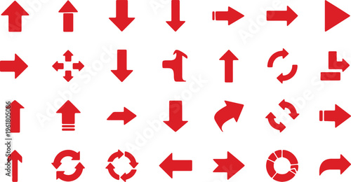 Collection of various red directional and symbolic arrow icons arranged in a grid layout