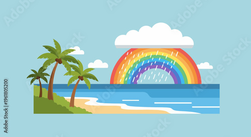 A serene summer beach scene with palm trees, rainbow, and ocean waves on a sunny day.