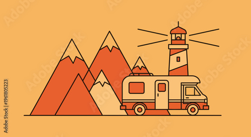 Illustration of a camper van parked near mountains and a lighthouse in summer.