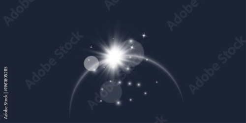White light halo with bokeh effects. Glowing star burst with radial beams, curved arcs, soft circles on dark backdrop. Lens flare overlay, neon glow, sparkle dots. Space poster, magic design. Vector.