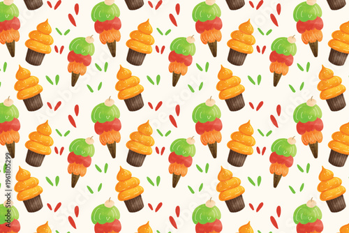 Cute Triple Scoop Ice Cream with Vivid Colors Seamless Pattern for Summer Dessert Shop Branding, Packaging and Wrapping Paper Design