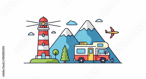 Summer vacation travel adventures with a camper van near a lighthouse and mountains