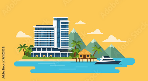 A serene summer resort scene with a large hotel, mountains, palm trees, and a boat on calm waters.