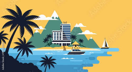 Summer vacationers enjoy a serene tropical island getaway with palm trees and sailboats.