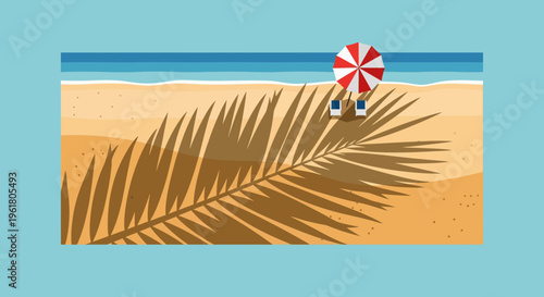 A summer vacation scene with a palm tree shadow on the sandy beach near the ocean with an umbrella and chair.