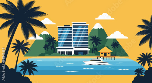 Summer vacationers relax at a tropical beach resort with palm trees and calm waters