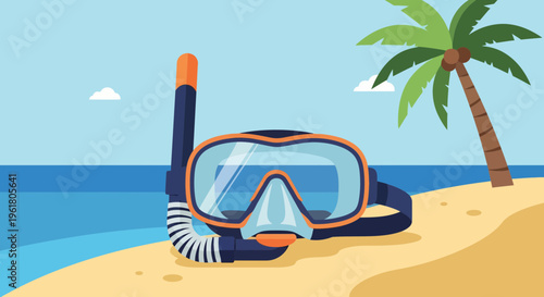 A snorkeling mask and tube lie on a sandy beach with a palm tree in a summer tropical setting by the ocean.