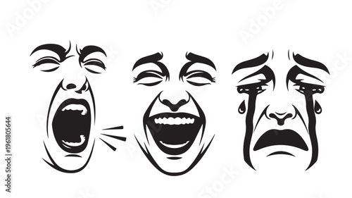 Stylized comic faces expressing happiness, sadness, and crying on white background for emotional concepts