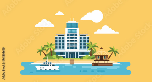 Summer vacationers relax near a serene tropical island resort with boats and palm trees.