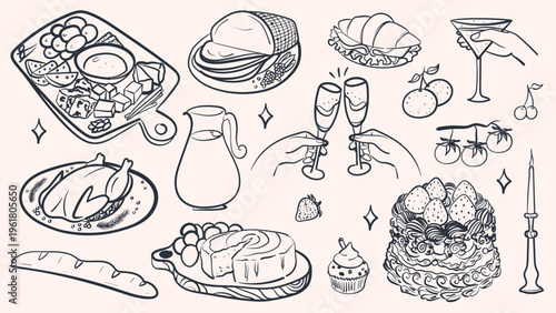Hand drawn birthday party food and drink vector set with roast turkey, cake, cheese board, and champagne clinking. Line art illustration of gourmet feast for menu or invitation design.