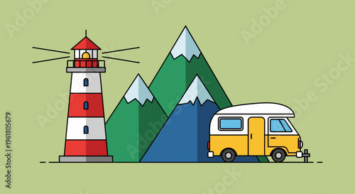 A camper van parks near a lighthouse amidst mountains in summer.