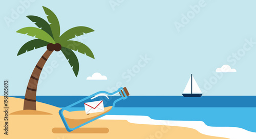 A serene summer beach scene with a message bottle near a palm tree and sailboat on the horizon.