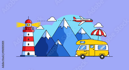 A summer road trip scene with a yellow camper van, red lighthouse, airplane, and umbrella, set against a backdrop of blue mountains and a sunny sky.