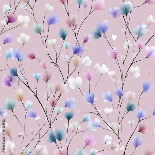 Delicate pastel floral vine pattern with soft gradient petals in shades of blue, purple, pink, and white on light pink background, creating gentle and elegant seamless design